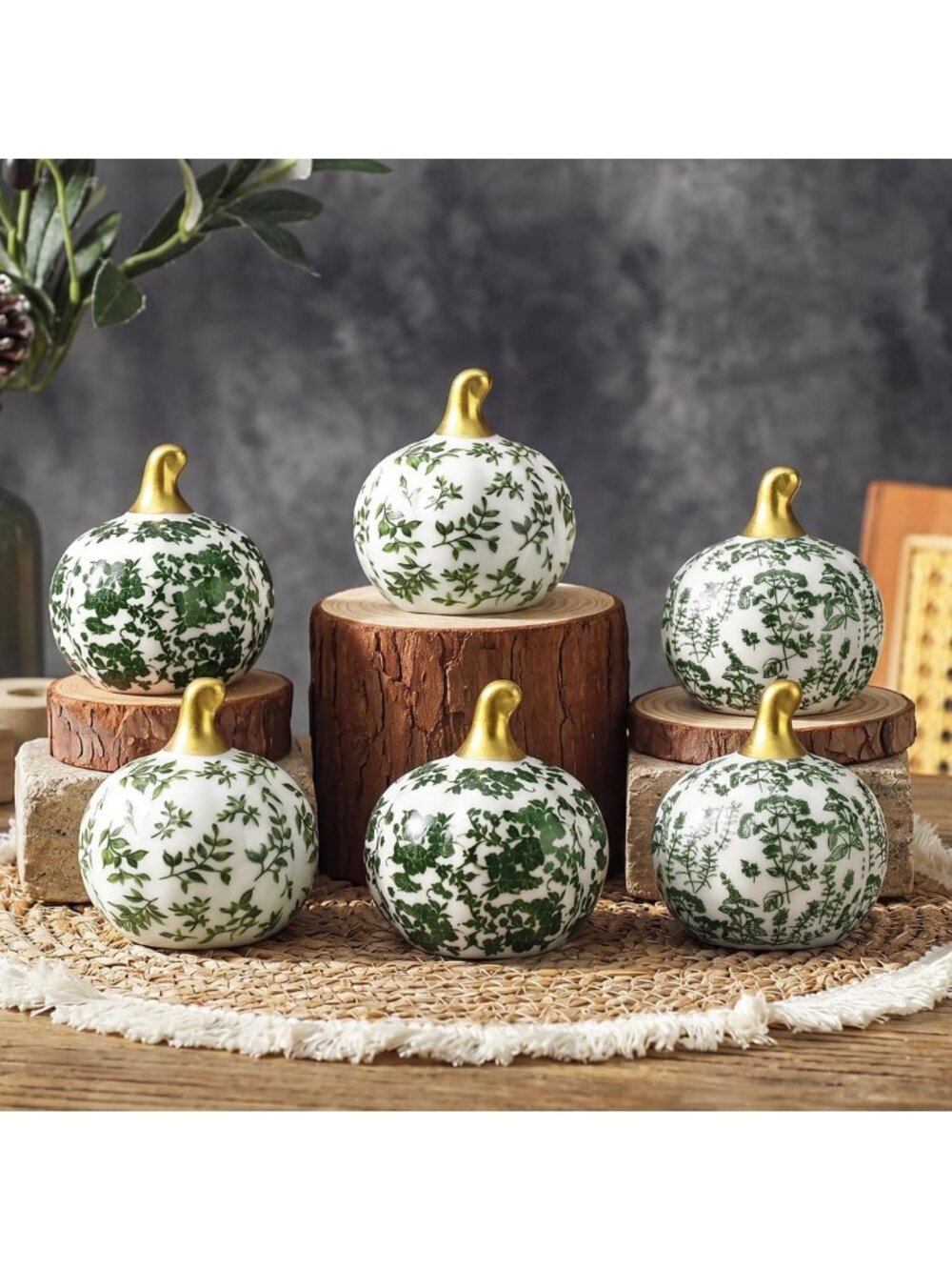 Set of 6 Green Ceramic Pumpkins - Fall Farmhouse Table Decor for Autumn Vibes
